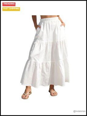 Womens Long Maxi Skirt High Waisted A-Line Boho Tiered Flowy Cotton Skirt with